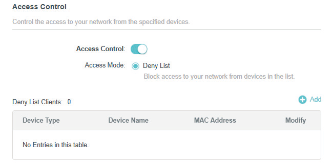 Access Control page with Deny List selected when the Router is in Range Extender Mode