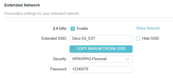 the extended network page of 2.4GHz band when the Router is in Range Extender Mode