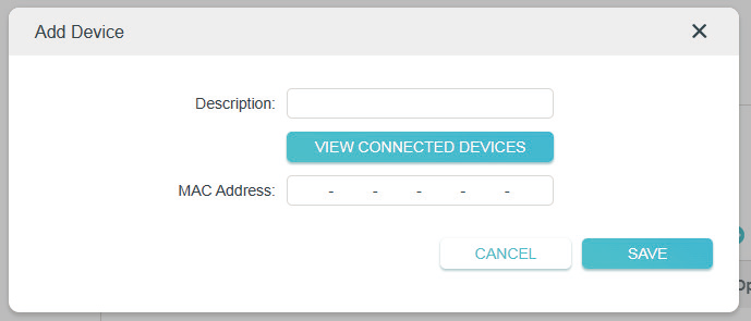 the add device dialog box with description and MAC address needed to enter when the Router is in Range Extender Mode