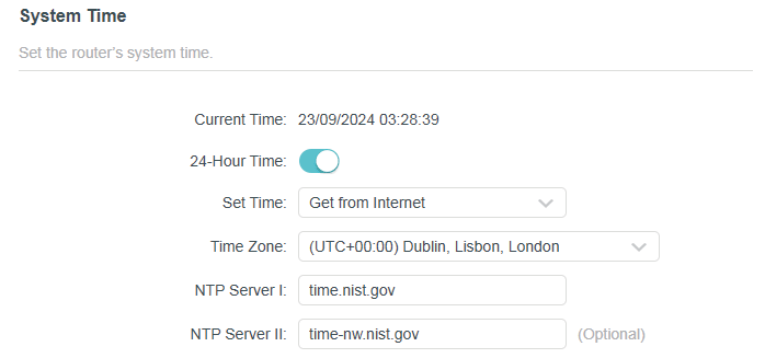 system time page with time get from internet when the Router is in Range Extender Mode