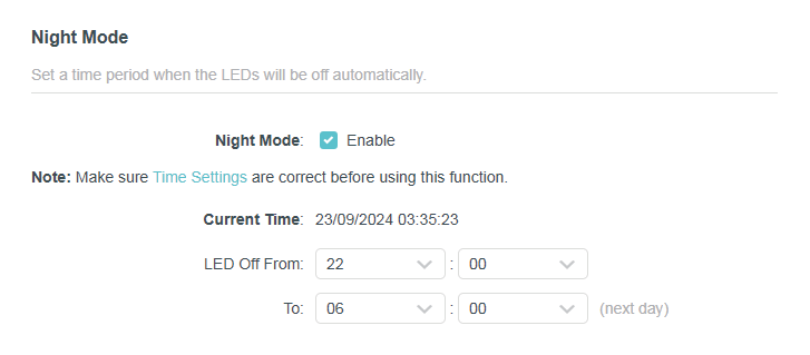 night mode page when the Router is in Range Extender Mode