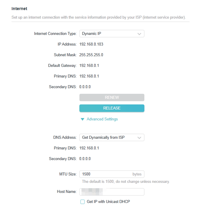 Advanced > Network > Internet page..