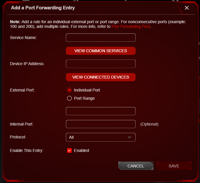 A network configuration screen titled "Add a Port Forwarding Entry", showing form fields for Service Name, Device IP Address, External Port, Internal Port, Protocol, and Cancel/Save buttons