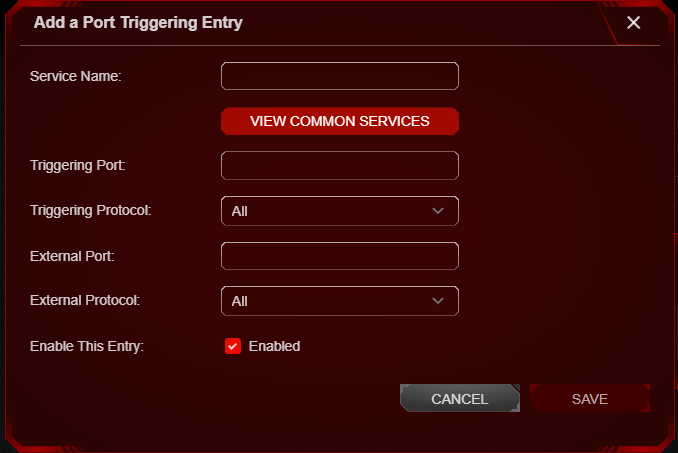 A network configuration image titled "Add a Port Triggering Entry", showing fields populated for "MSN Gaming Zone" with specific triggering and external ports and protocols.