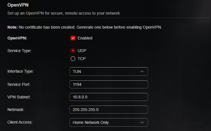  An OpenVPN server configuration page showing settings such as 'OpenVPN: Enabled', 'Service Type: UDP', 'Interface Type: TUN', 'Service Port: 1194', 'VPN Subnet: 10.8.0.0', 'Netmask: 255.255.255.0', and 'Client Access: Home Network Only'.