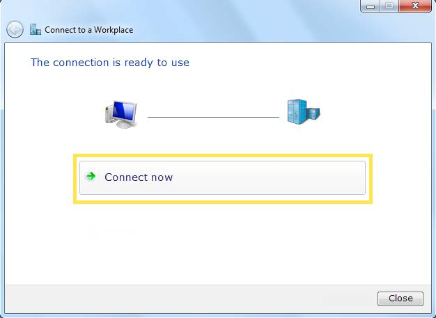 Windows 'Connect to a Workplace' dialog box displaying the message 'The connection is ready to use', with the 'Connect now' button selected