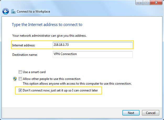 A Windows 'Connect to a Workplace' dialog box with the Internet address '218.18.1.73' entered, a destination name 'VPN Connection', and the 'Internet address' field and the 'Don't connect now; just set it up so I can connect later' checkbox ticked