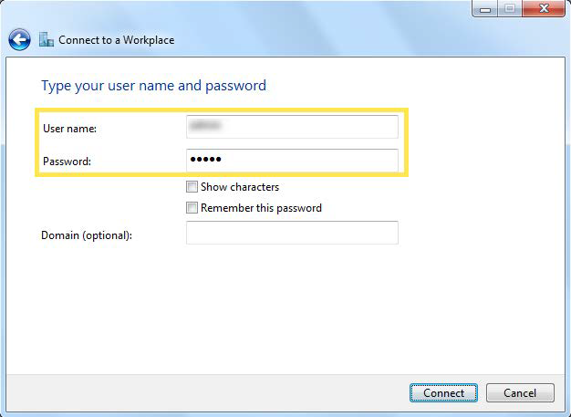  A Windows 'Connect to a Workplace' dialog box displaying fields for User name and Password