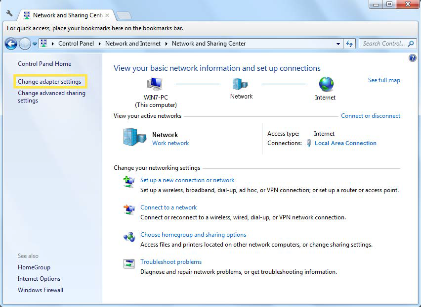 An image of Windows Network and Sharing Center control panel, with the 'Change adapter settings' option highlighted