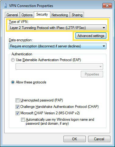 A Windows 'VPN Connection Properties' dialog box, with the 'Type of VPN' set to 'Layer 2 Tunneling Protocol with IPsec (L2TP/IPSec)' and the 'Advanced settings' button selected