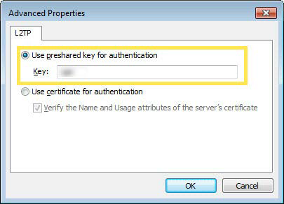 A Windows 'Advanced Properties' dialog box for L2TP, with the 'Use preshared key for authentication' option selected