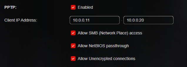 an image of PPTP configuration settings, showing PPTP Enabled, Client IP Address range from 10.0.0.11 to 10.0.0.20, and options checked to Allow SMB, Allow NetBIOS passthrough, and Allow Unencrypted connections