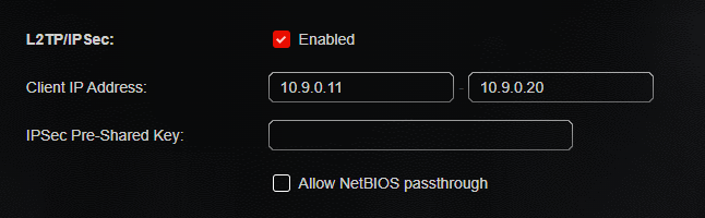 An image of L2TP/IPSec configuration settings, showing L2TP/IP Sec Enabled, a client IP address range from 10.9.0.11 to 10.9.0.20, a blank field for the IPSec Pre-Shared Key, and an option to Allow NetBIOS passthrough.