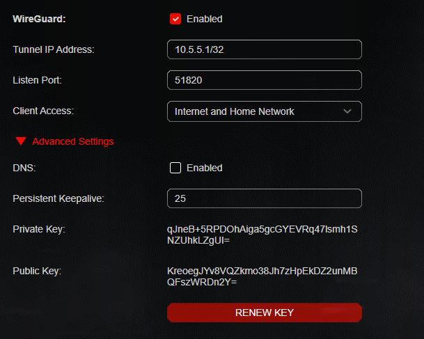  WireGuard configuration settings, showing fields for 'WireGuard: Enabled', 'Tunnel IP Address: 10.5.5.1/32', 'Listen Port: 51820', 'Client Access: Internet and Home Network', 'Persistent Keepalive: 25', 'Private Key', 'Public Key', and a 'RENEW KEY' button