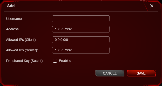 An Add configuration dialog box, displaying fields for Username, Address '10.5.5.2/32', Allowed IPs (Client) '0.0.0.0/0', Allowed IPs (Server) '10.5.5.2/32', and a checked checkbox for Pre-shared Key (Secret)