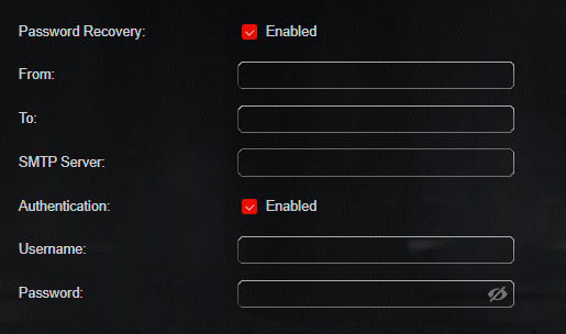 The Password Recovery configuration interface, showing settings for enabling password recovery, specifying 'From' and 'To' email addresses, defining the SMTP server, enabling authentication, and entering a username and password.
