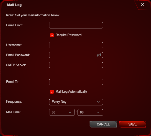 The 'Mail Log' configuration interface, displaying fields for 'Email From', 'Require Password', 'Username', 'Email Password', 'SMTP Server', 'Email To', 'Mail Log Automatically', 'Frequency: Every Day', 'Mail Time', and 'CANCEL' and 'SAVE' buttons.