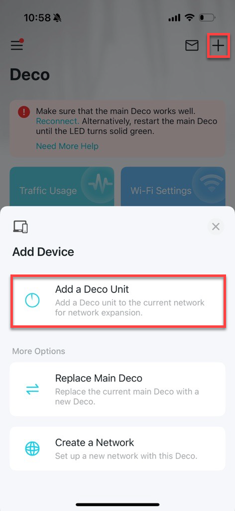 Locate the Add button and the Add a Deco Unit option