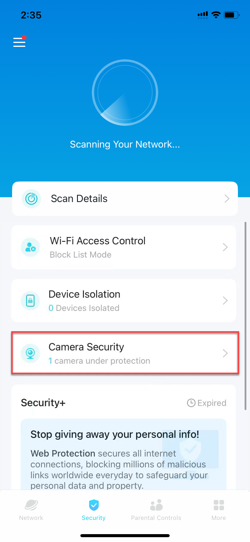 Locate Camera Security in the Security tab
