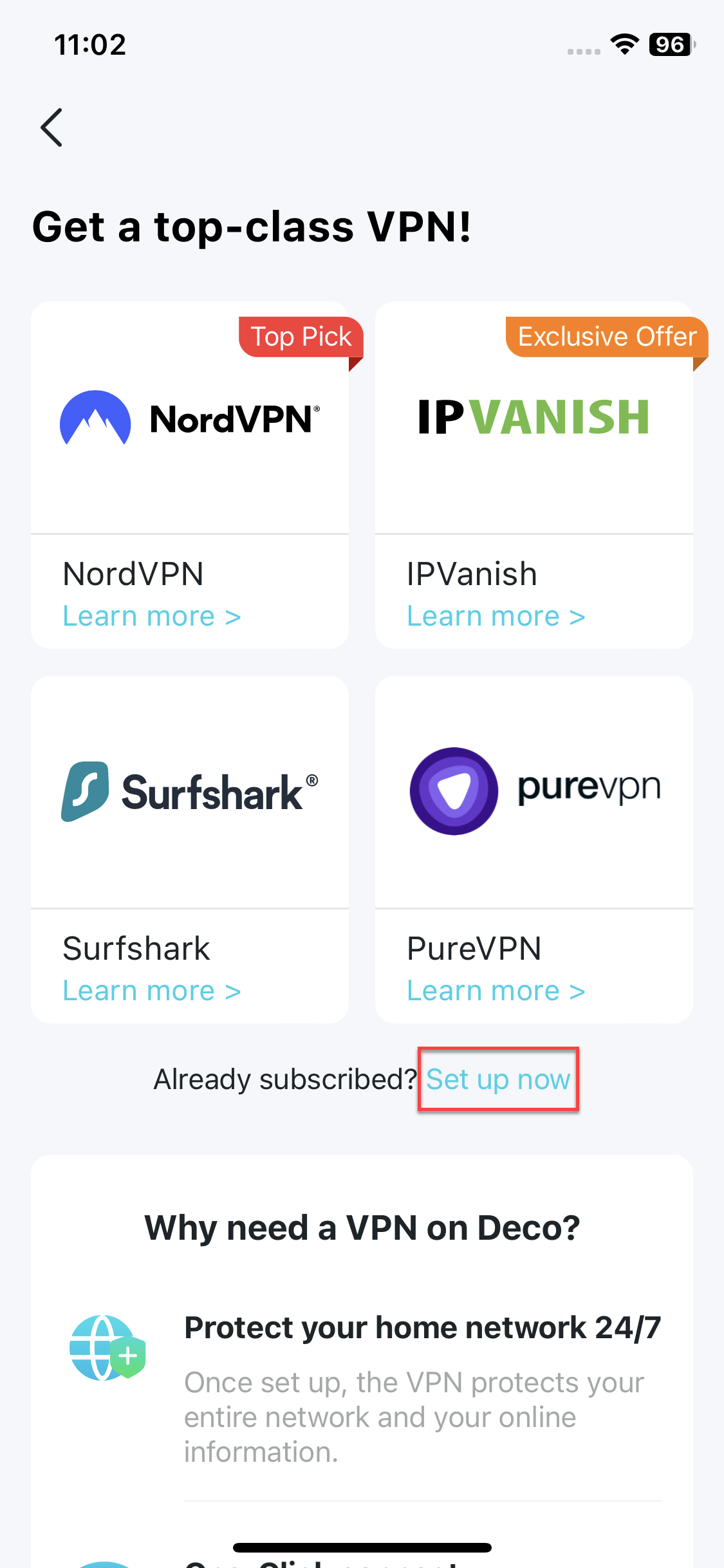 Locate Set Up Now button on the VPN page in Deco Lab