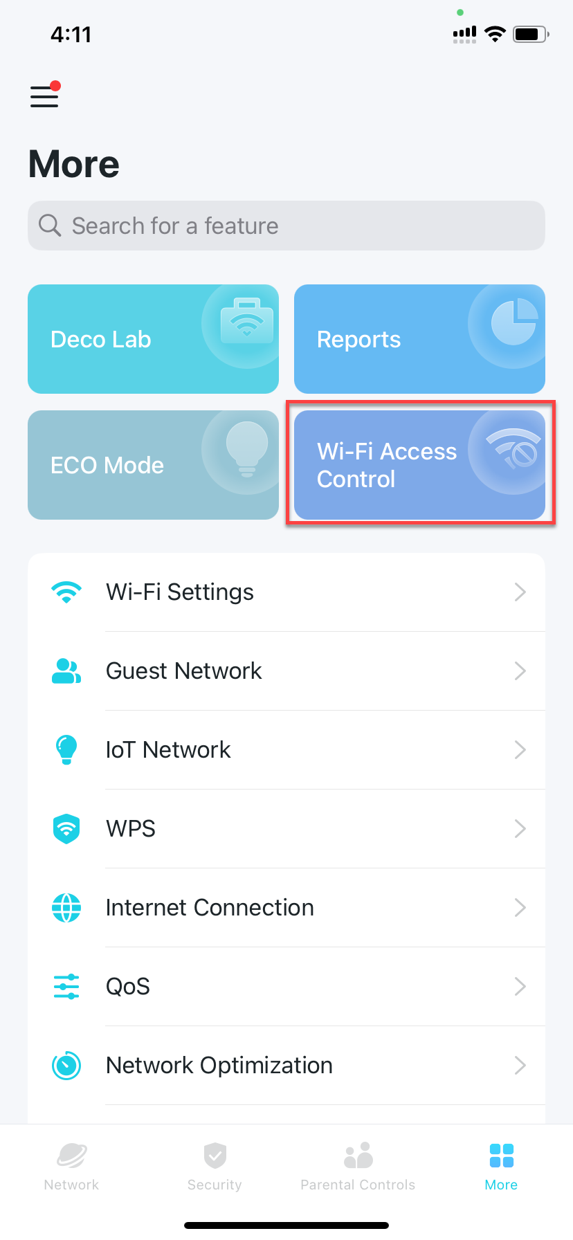 Locate Wi-Fi Access Control in the More tabl