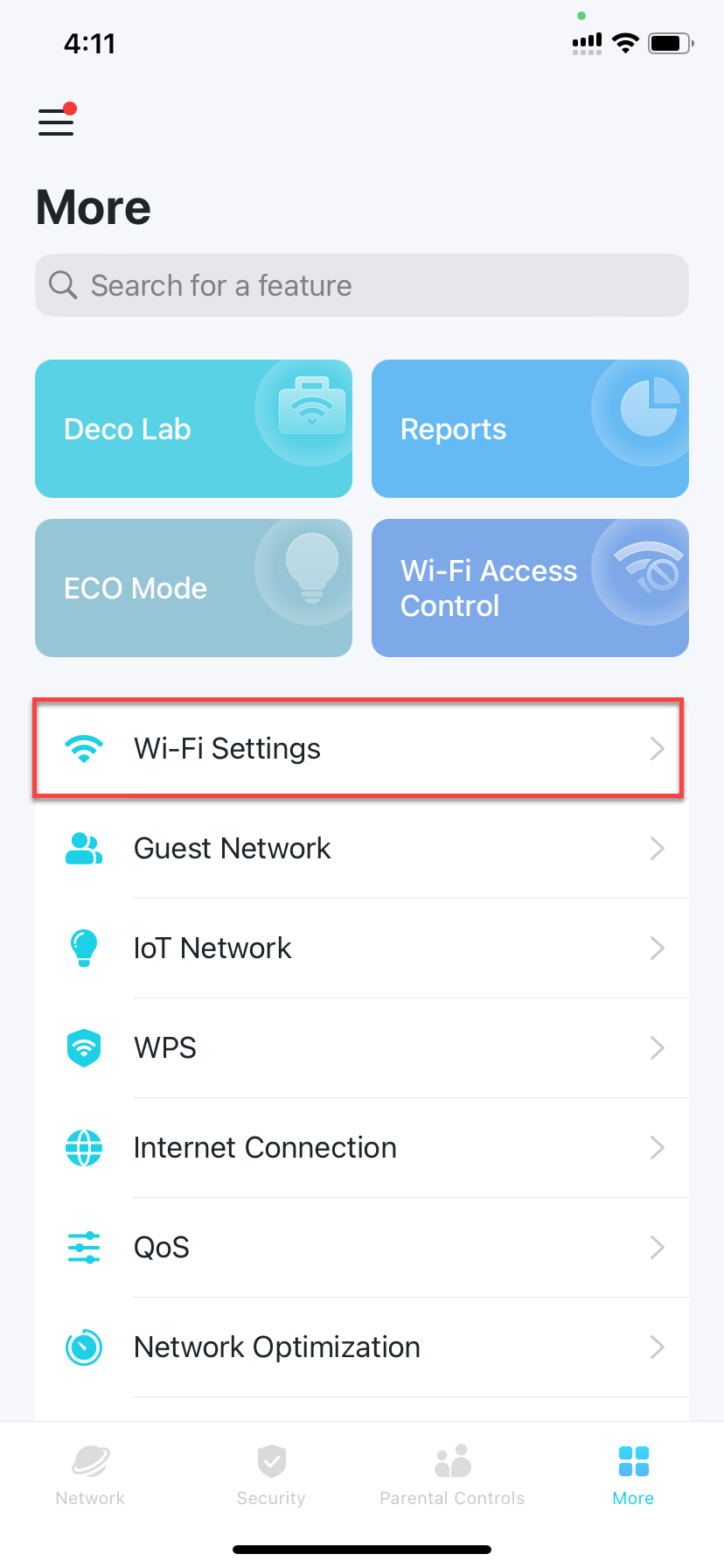 Locate Wi-Fi Settings in More tab