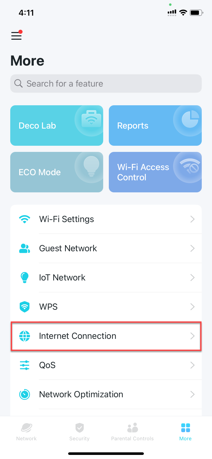 locate Internet Connection in More tab