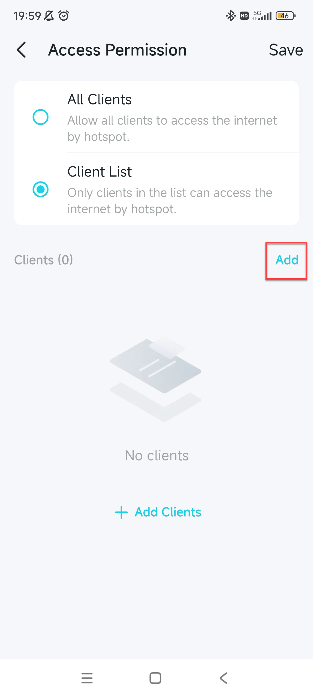 Access Permission page with Client List selected