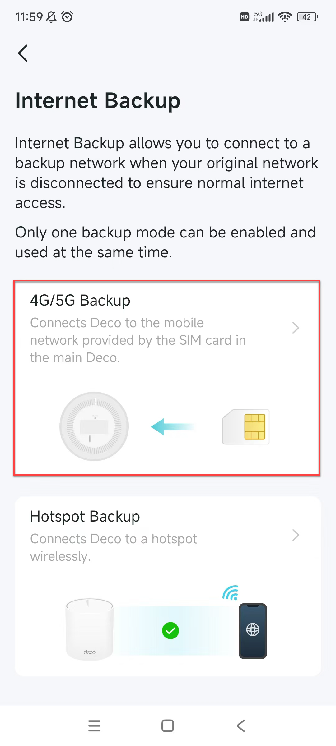 Internet Backup page with 4G/5G Backup selected