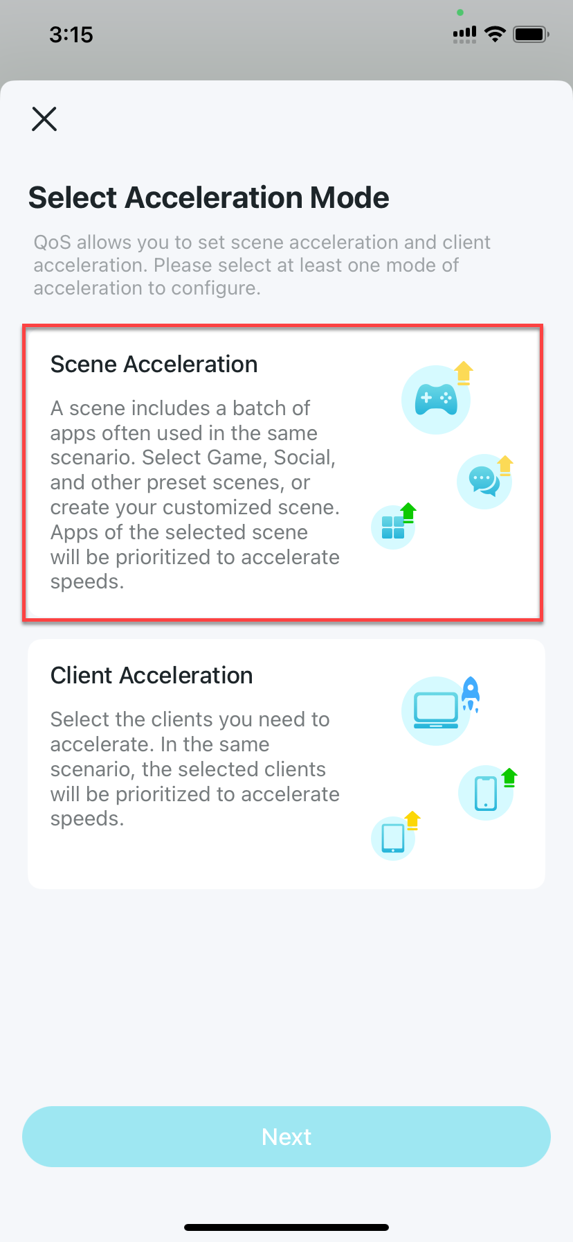 Acceleration Mode page with Scene Acceleration selected