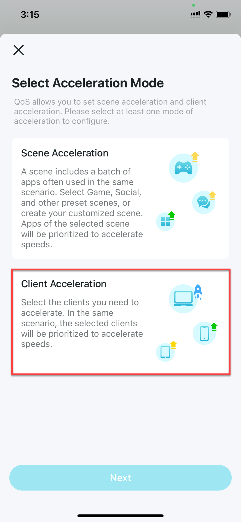 Acceleration Mode page with Client Acceleration selected