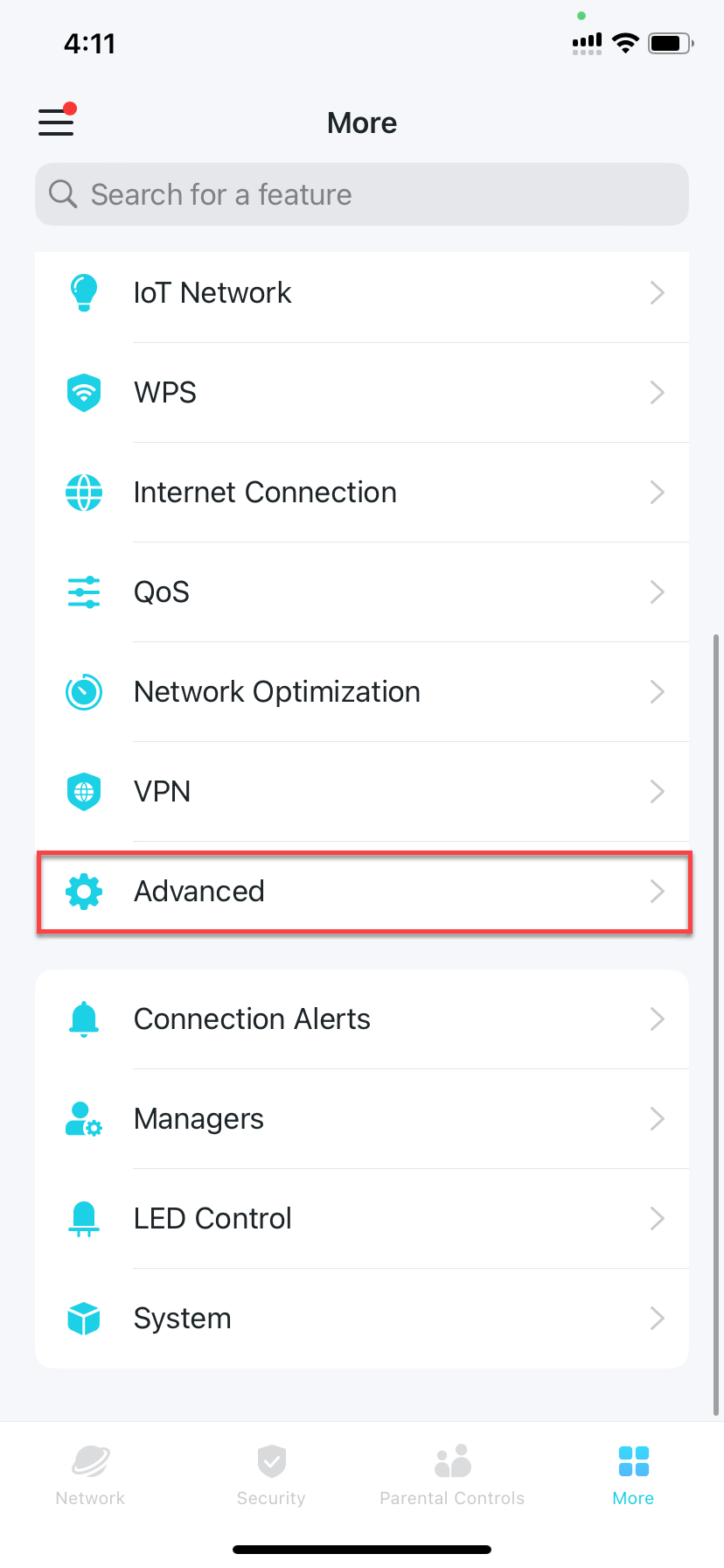 locate Advanced in More tab