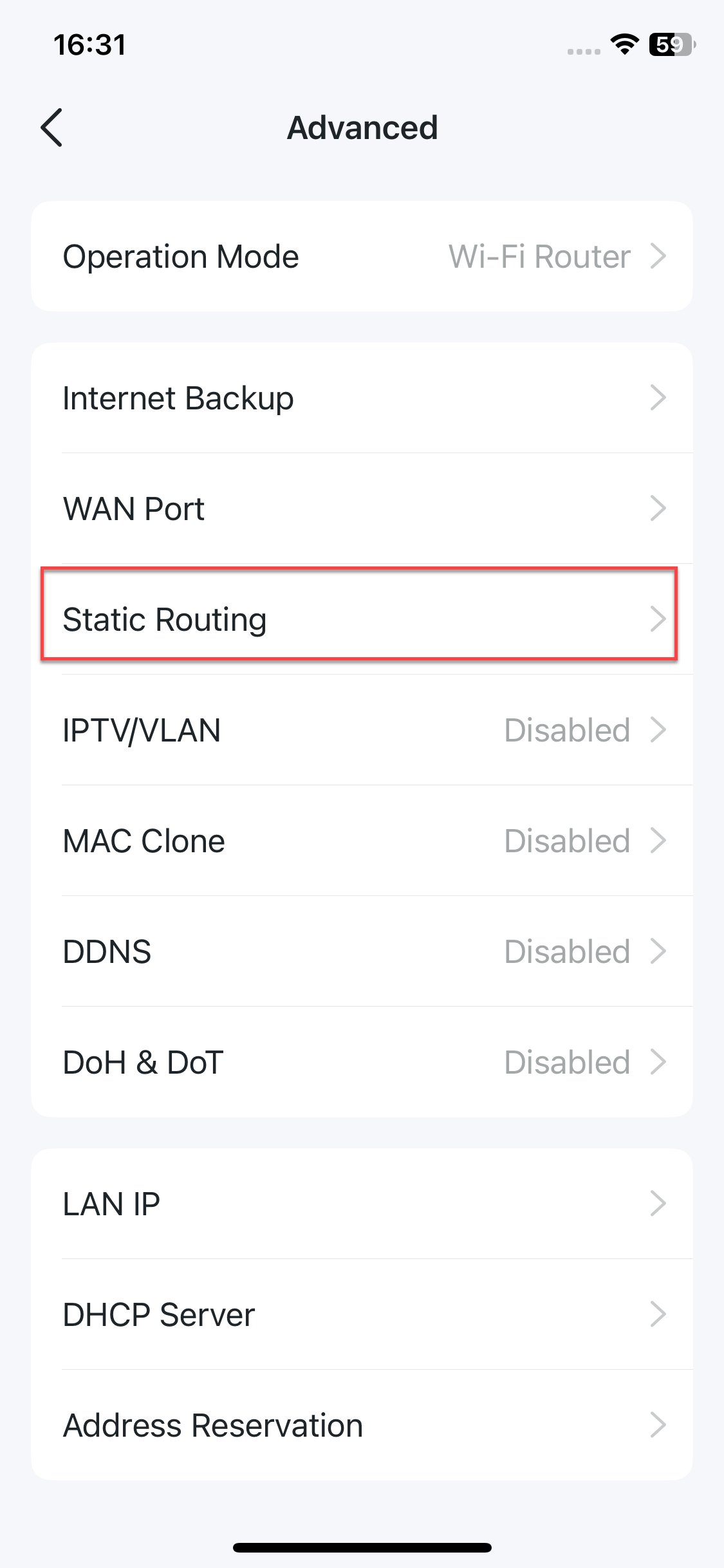 locate Static Route in Advanced