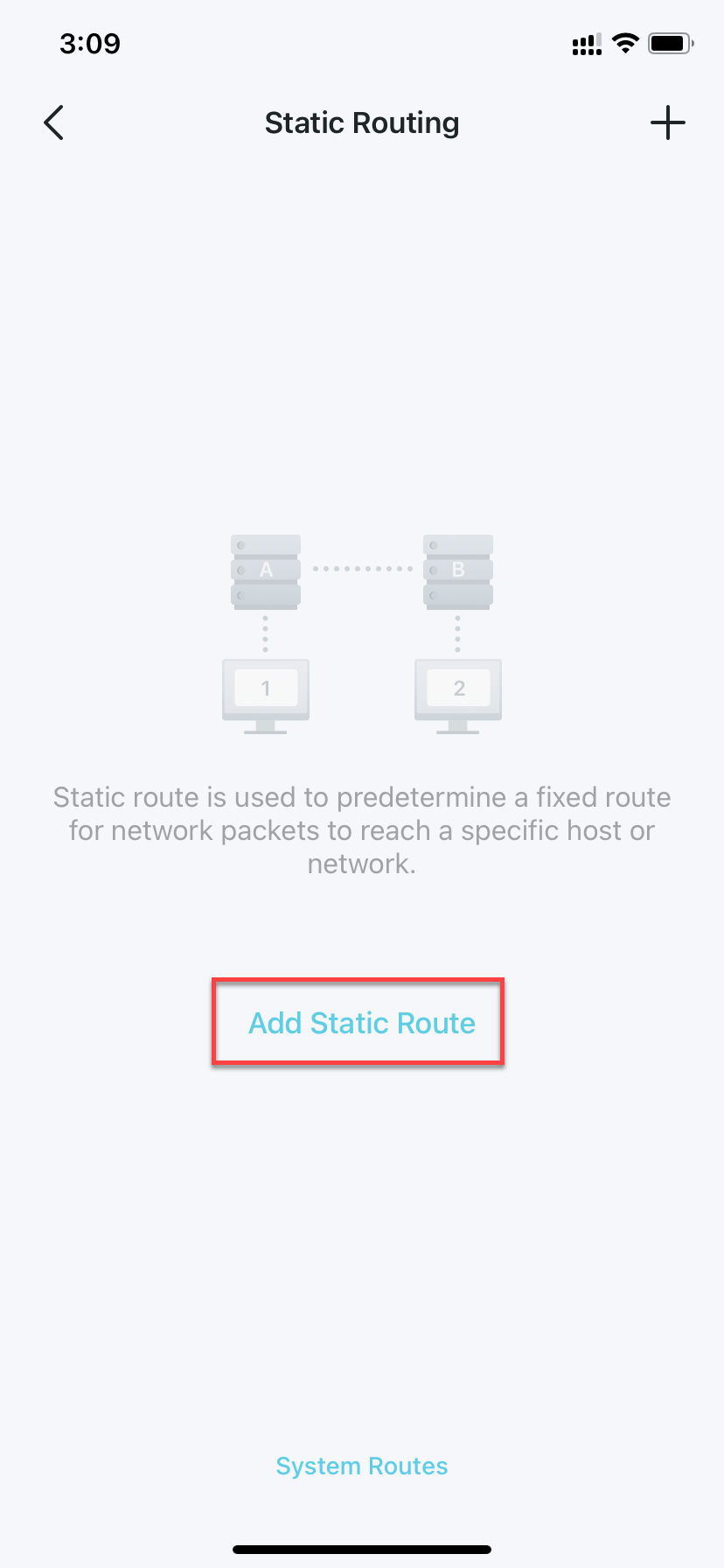 locate Add Static Route button