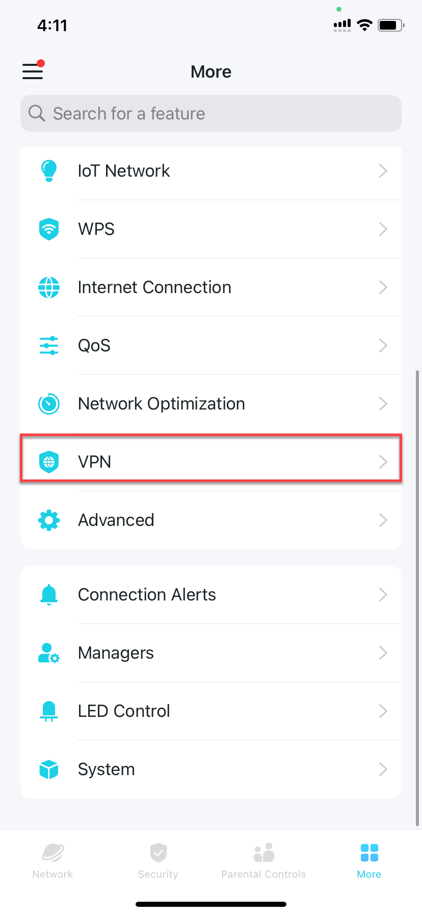 locate VPN in More tab