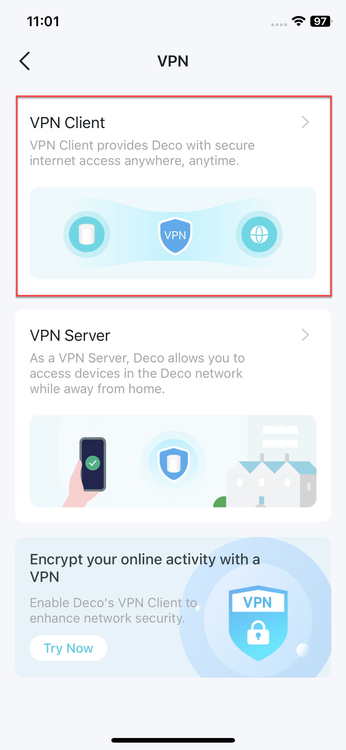 locate the VPN Client card on VPN page
