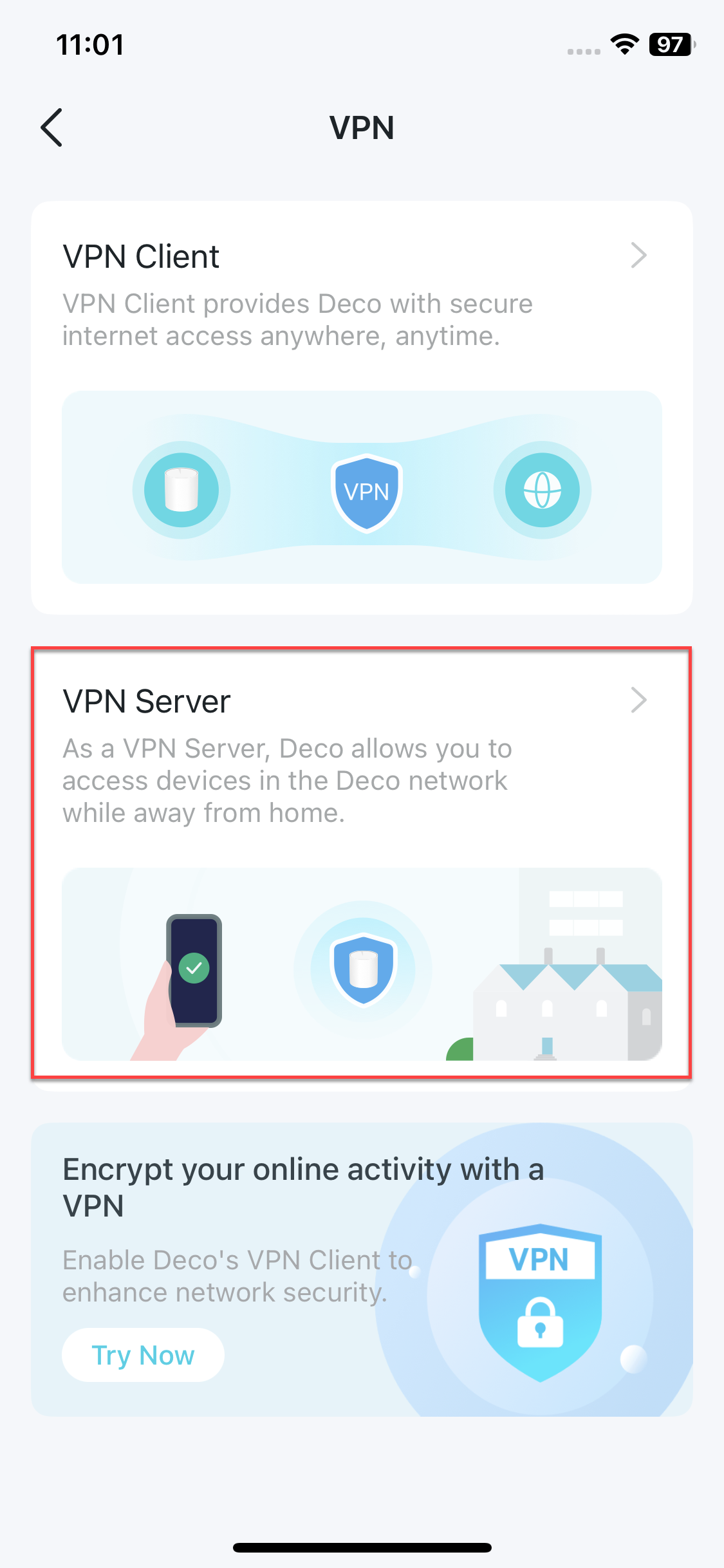 locate the VPN Server card on VPN page