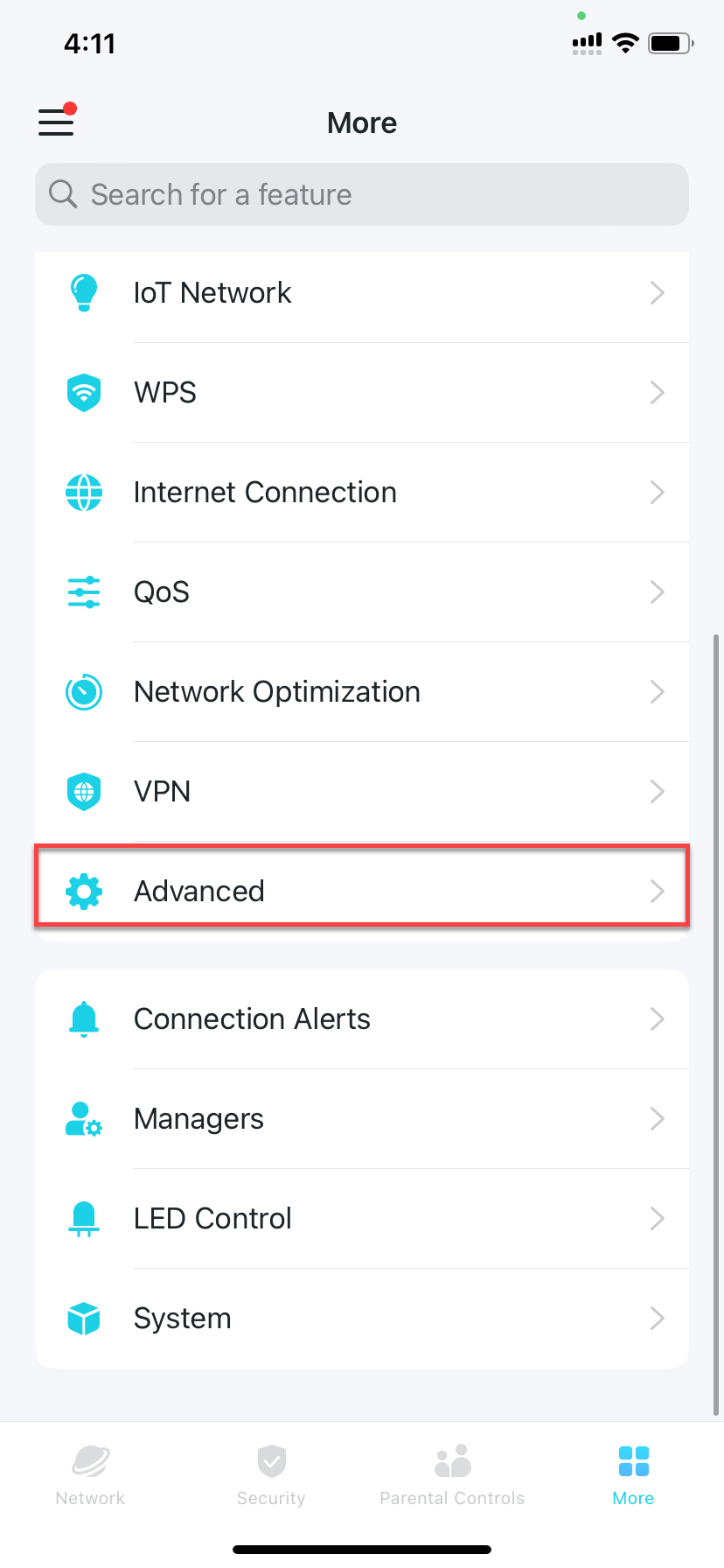 locate Advanced in the More tab