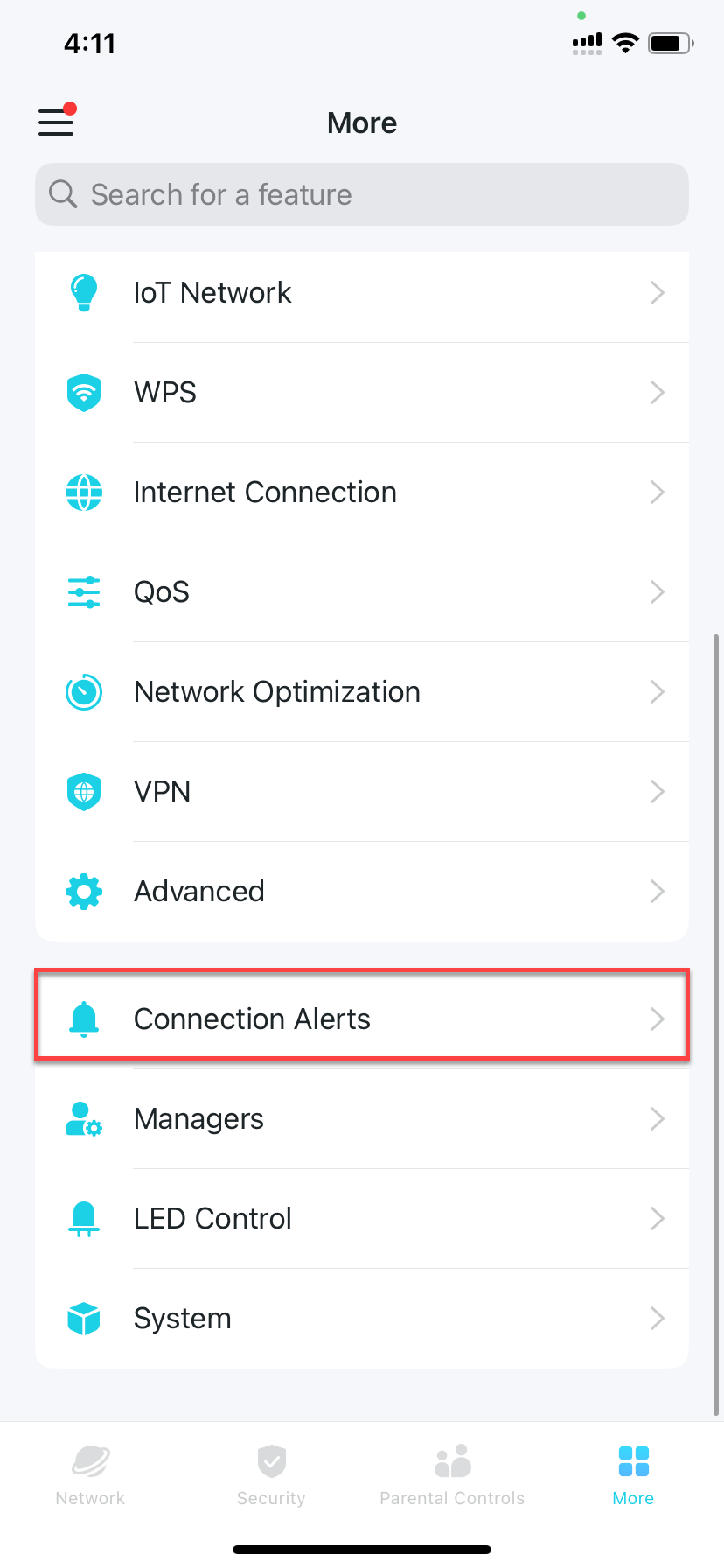 locate Connection Alerts in the More tab
