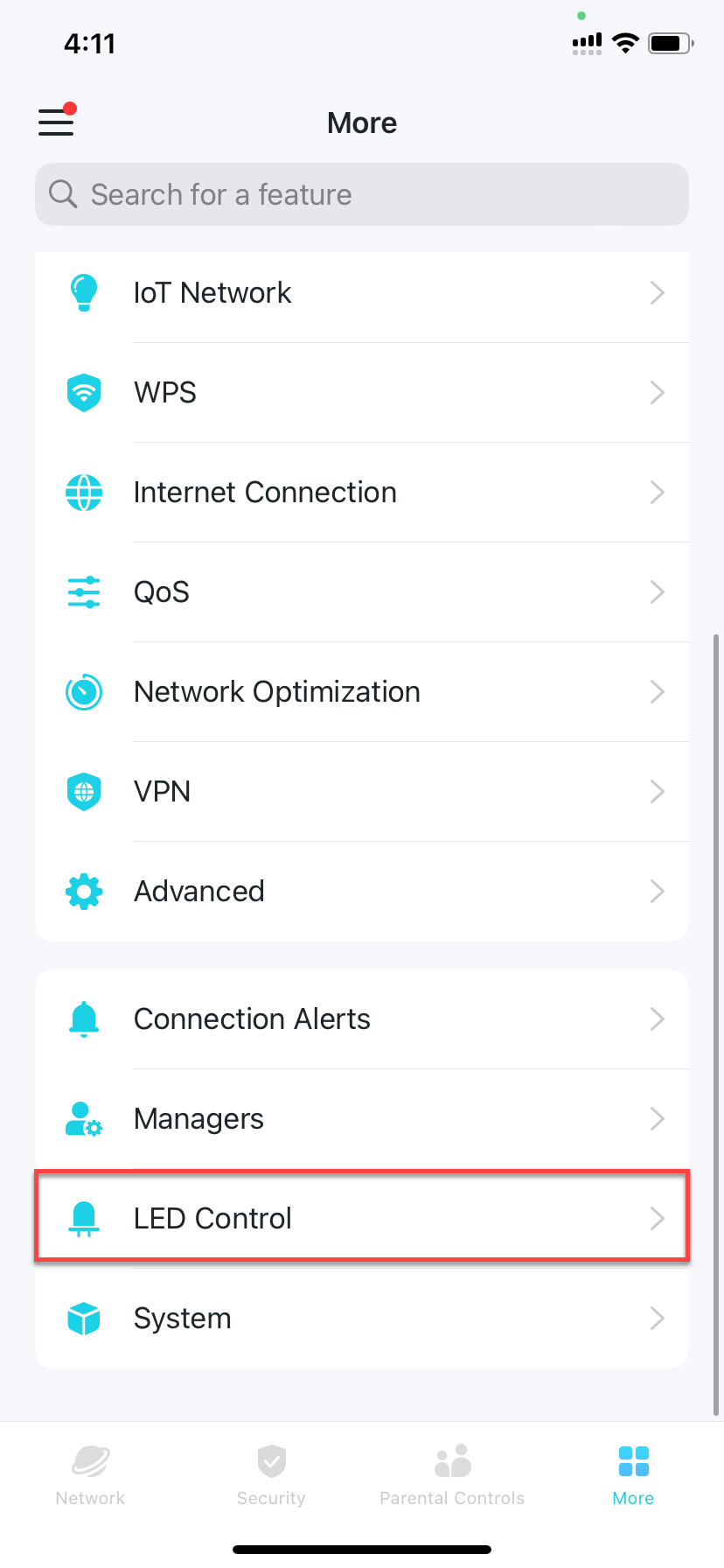 locate LED Control in More tab