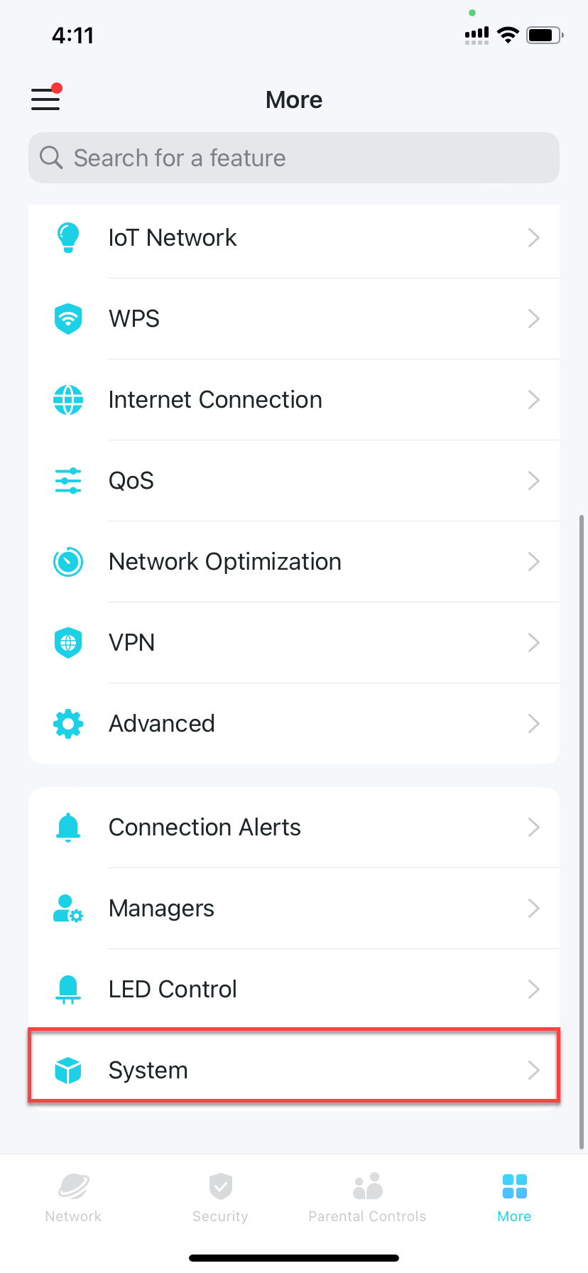 locate System in More tab