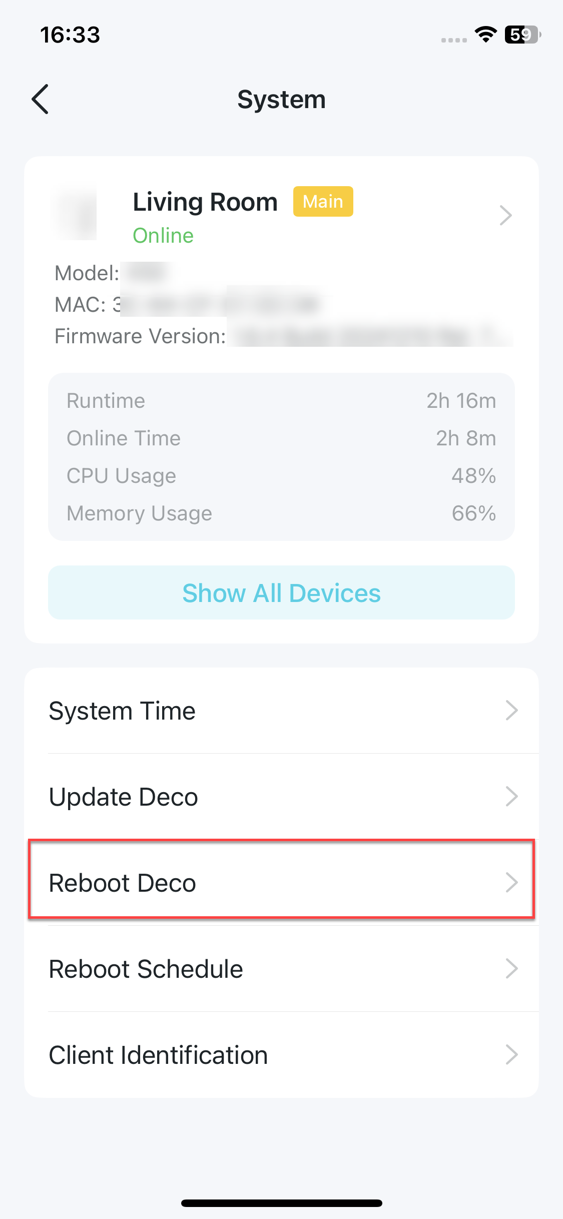 locate Reboot Deco in the System page