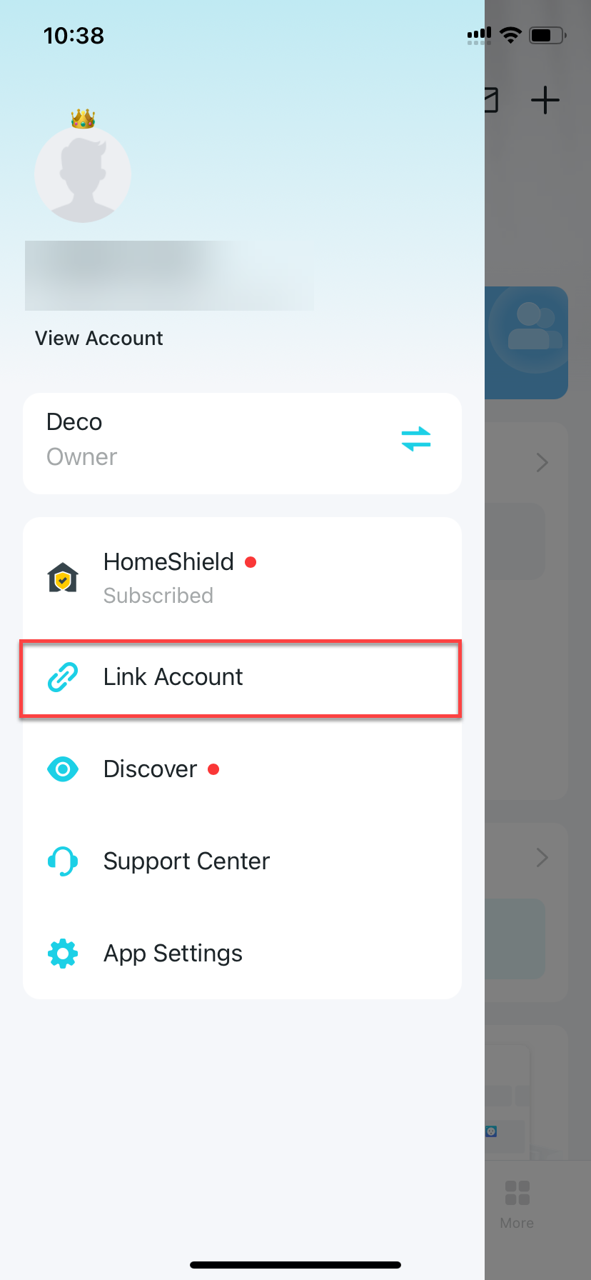 locate Link Account in the side menu of Deco app