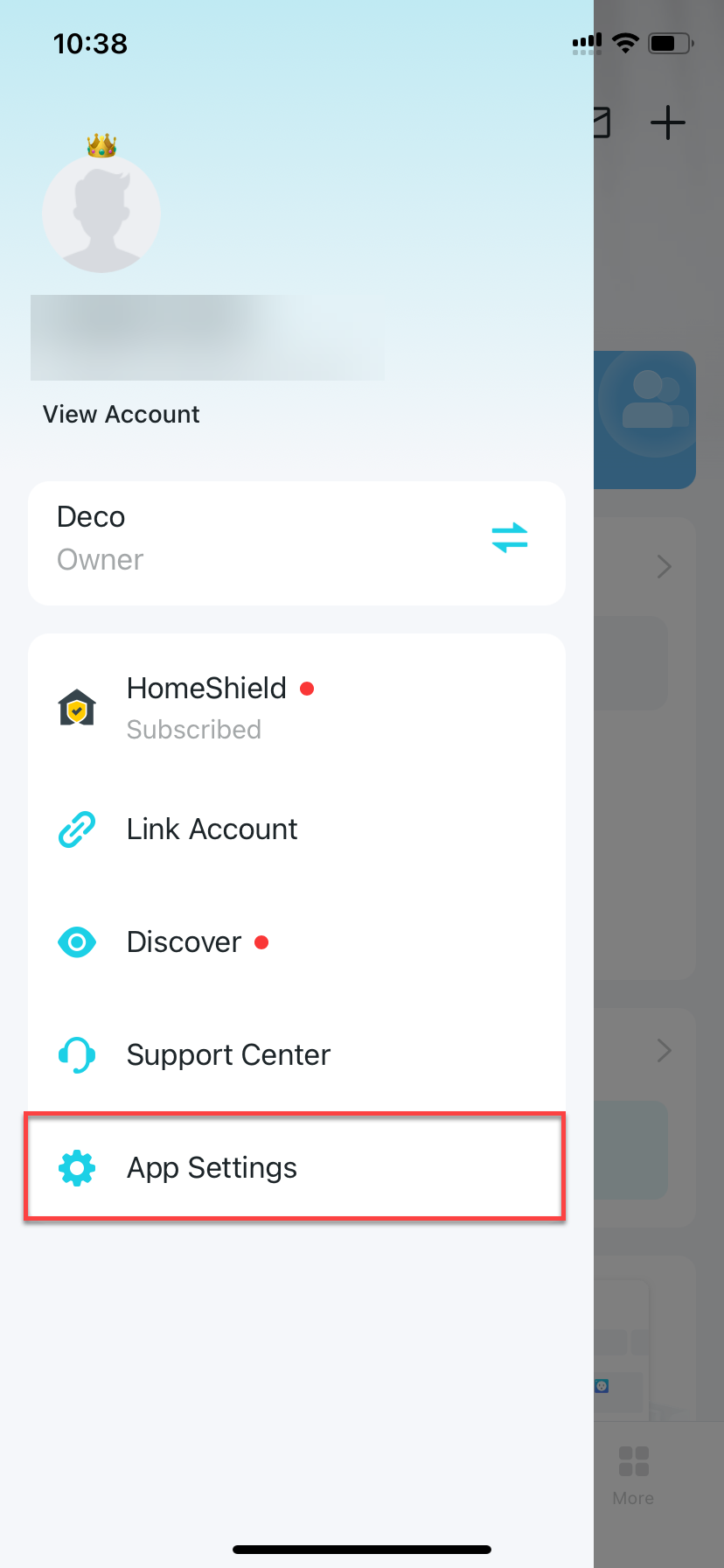 locate App Settings in the side menu of the Deco app