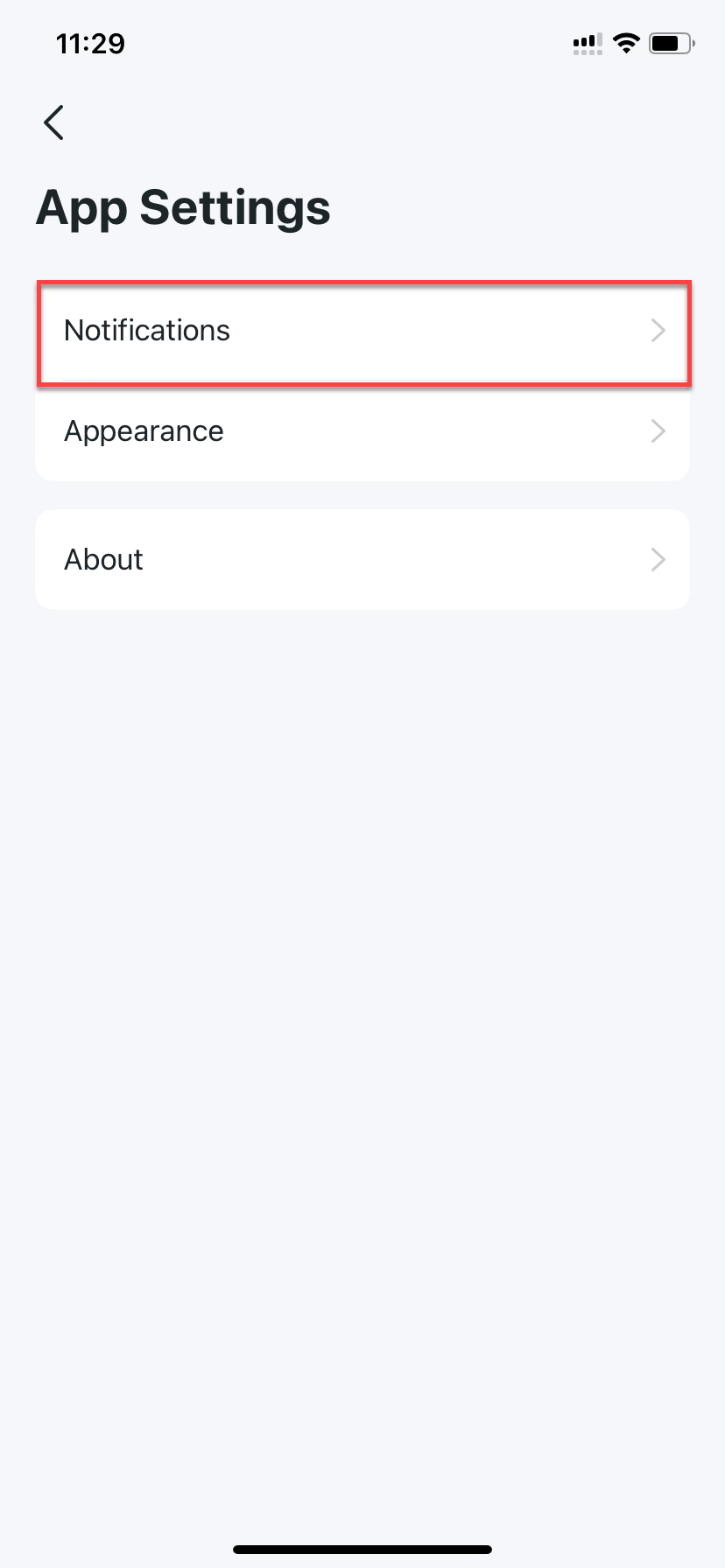 locate Notifications in the App Settings page