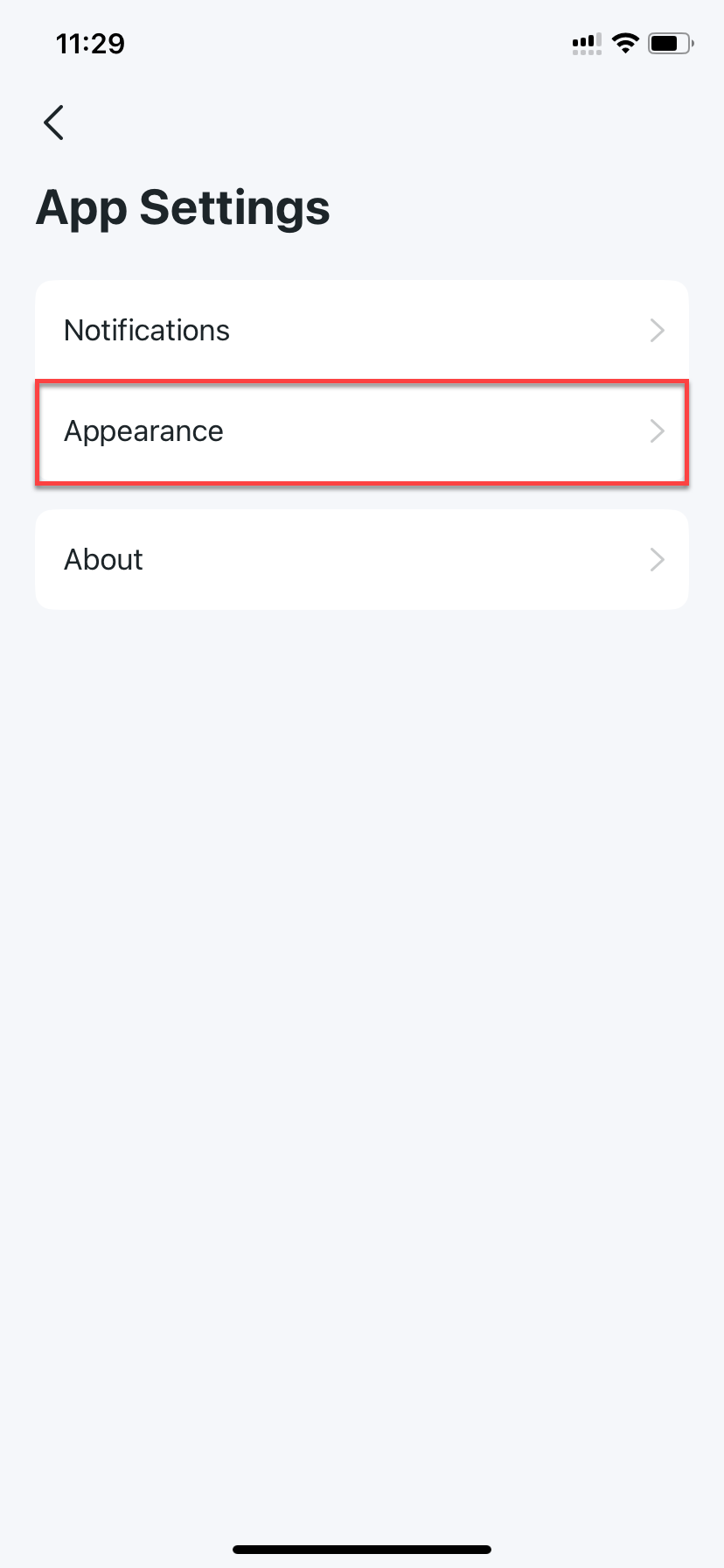 locate Appearance in the App Settings page