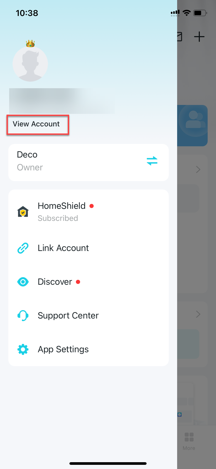 locate View Account in the side menu