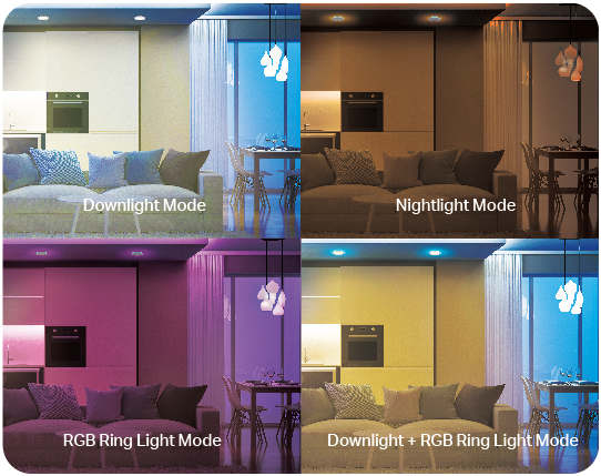 Four Lighting Modes: Downlight, Nightlight, RGB Ring Light, Downlight+RGB Ring Light