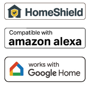 Three compatibility badges side-by-side. The top badge features the HomeShield logo. The middle badge reads "Compatible with amazon alexa". The bottom badge reads "works with Google Home".