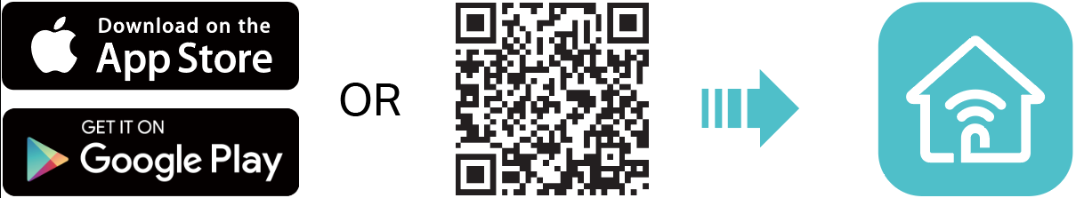 An image showing the Apple App Store and Google Play badges next to the word 'OR', a QR code, an arrow, and the icon for the TP-Link Tether app.